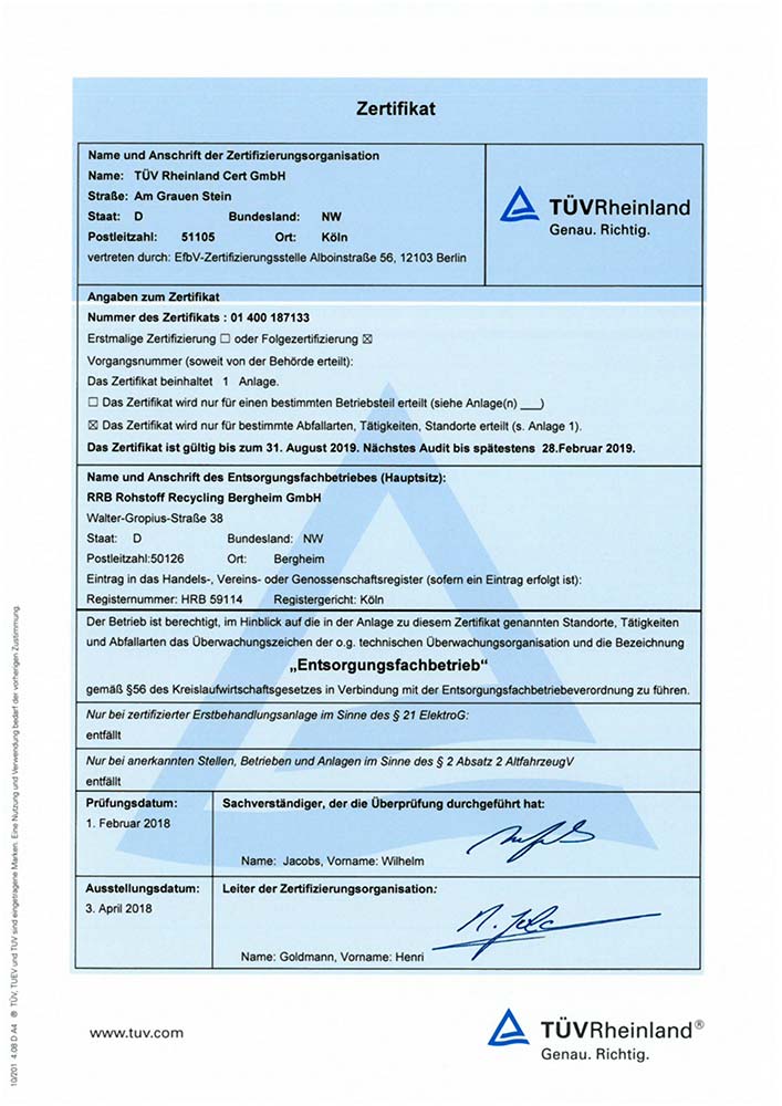 Rohstoff Recycling Bergheim GmbH - EfB Zertifikat